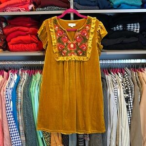 THML mustard velvet/pink embroidered flower ruffle sleeve dress size M